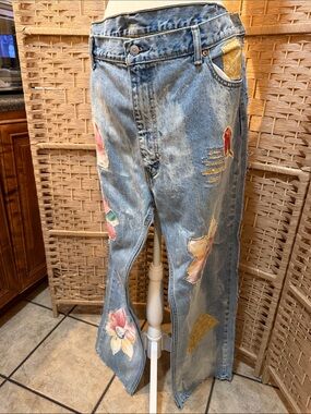 Hand-Painted Light Blue Floral Wide-Leg Jeans